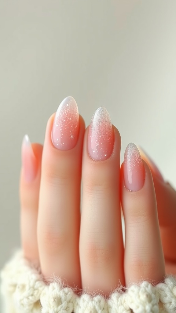 Beautiful light pink chrome almond-shaped nails with French tips.