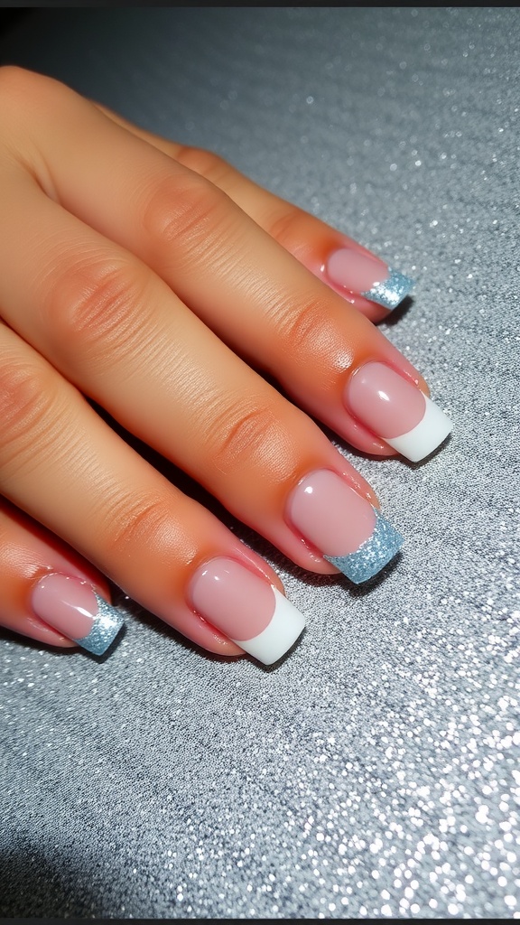 Close-up of hands with glitter accented French tip nails on a glittery background.