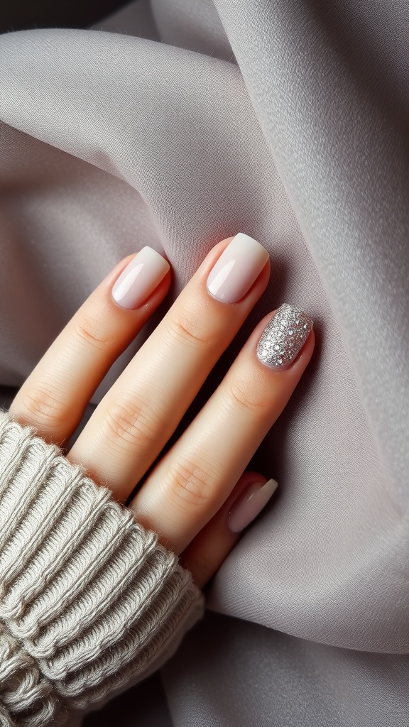 Close-up of a hand with French manicure nails featuring a glitter accent nail, resting on a soft fabric.