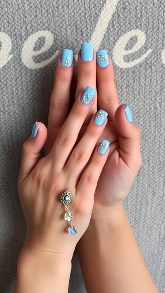Light blue square nails with glitter accents