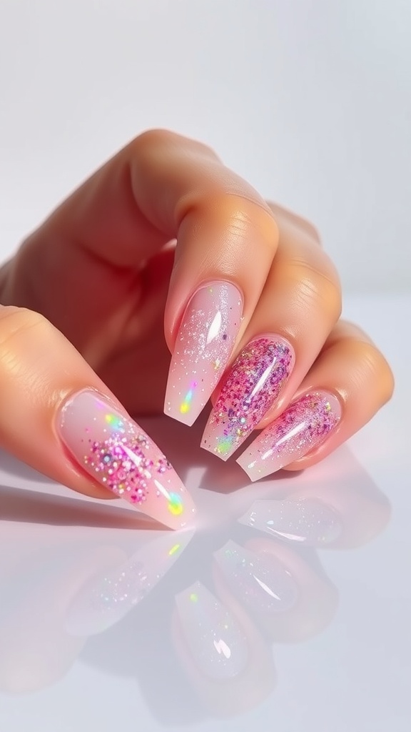Colorful acrylic nails with glitter accents in pink and iridescent shades.