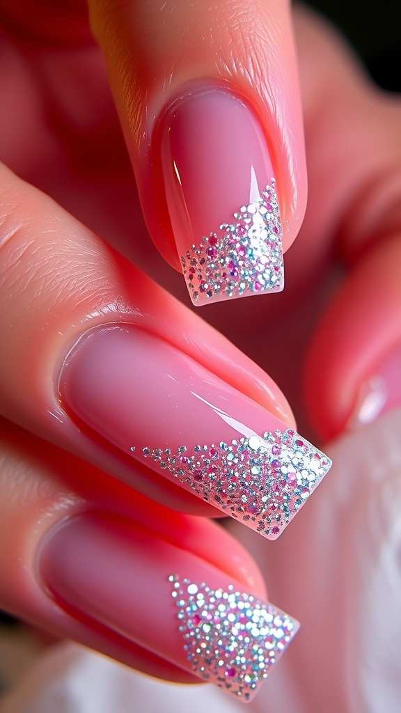 Close-up of pink square nails with glitter accent tips
