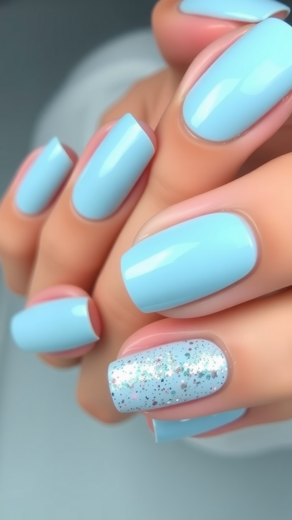 Close-up of light blue prom nails with one glitter accent nail.
