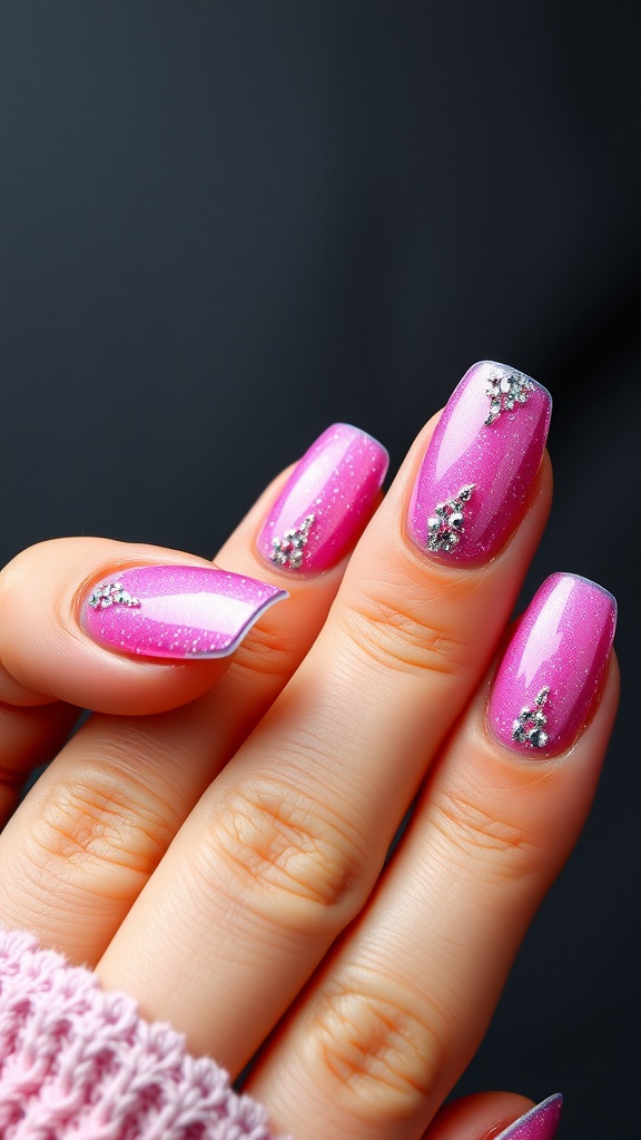Close-up of hands with pink chrome nails featuring glitter accents