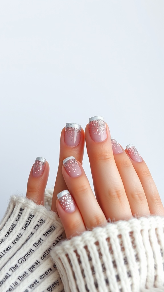 Short French nails with glitter accents