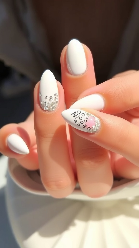 Close-up of white almond nails with glitter accents and a playful design.