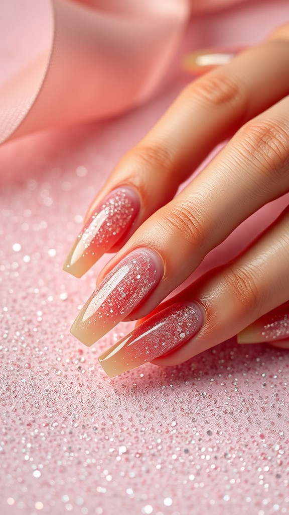 A close-up of hands with glitter almond French tip nails on a pink sparkling background.