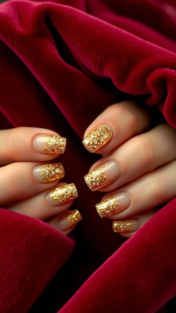 Close-up of hands with glitter almond French tip nails on a plush red background