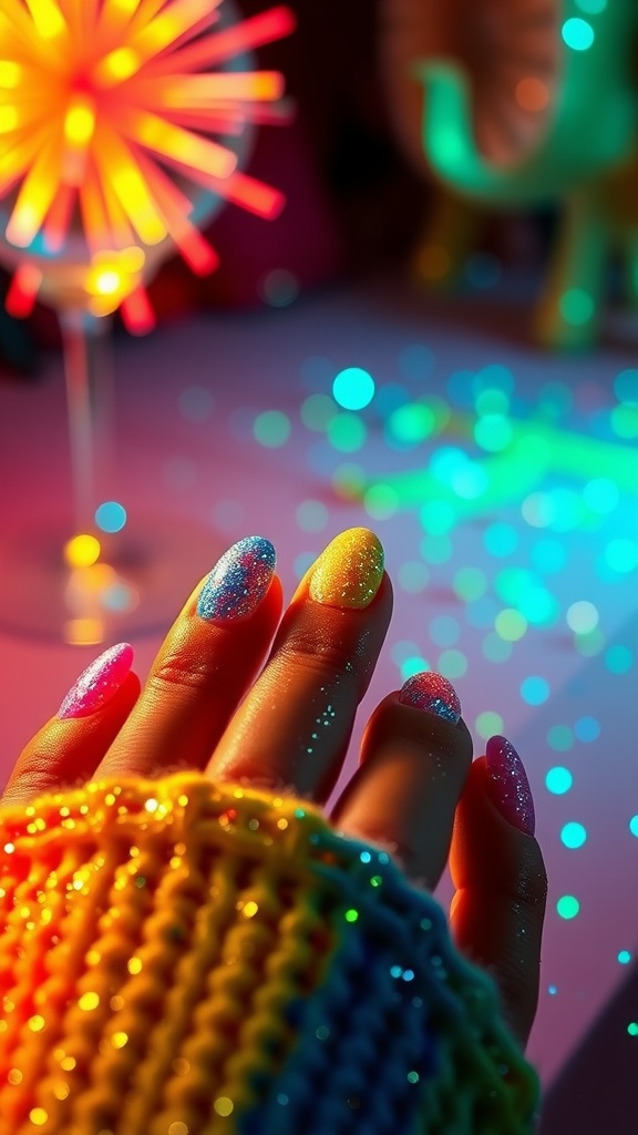 A hand with glitter almond-shaped nails in various colors, surrounded by colorful lights and decorations.