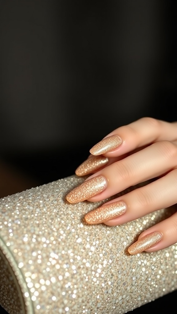 A close-up of a hand with glitter almond nails holding a sparkling clutch.