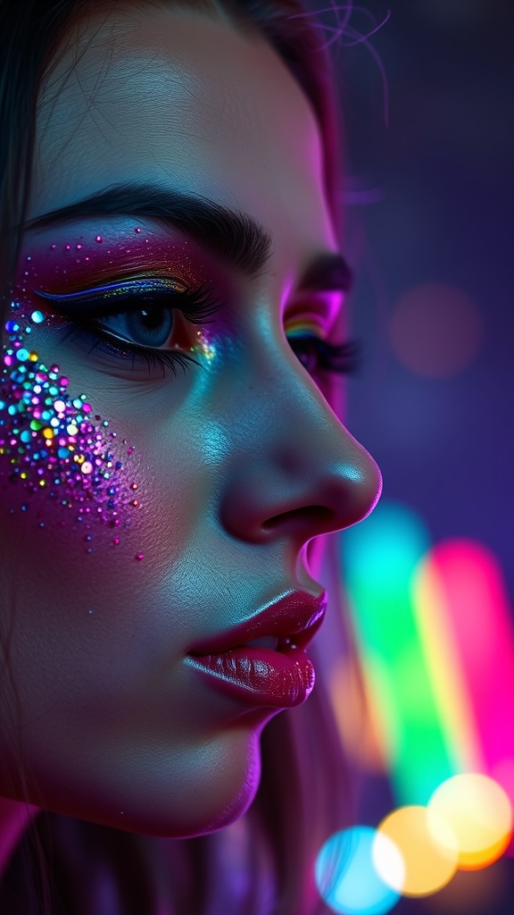 A close-up of a woman's face adorned with colorful glitter and rhinestones, featuring a glowing background.