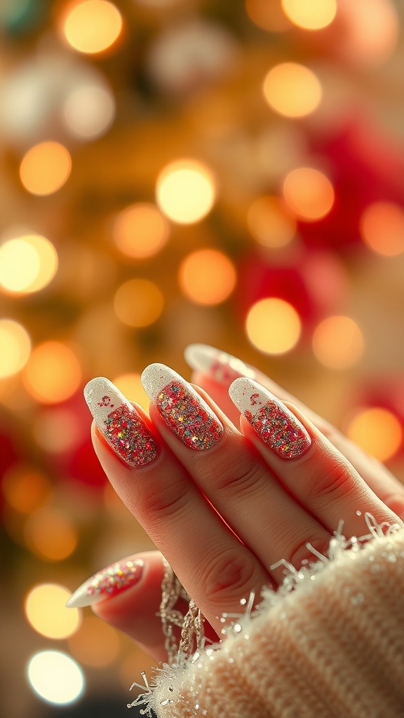 Close-up of hands with glitter French manicure against a blurred festive background.