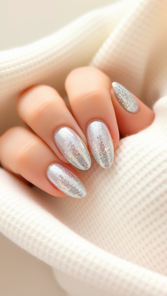 Close-up of glitter gradient almond nails with a silver finish