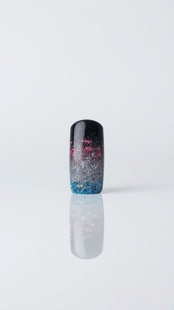 A square-shaped nail with a glitter gradient design transitioning from black to blue