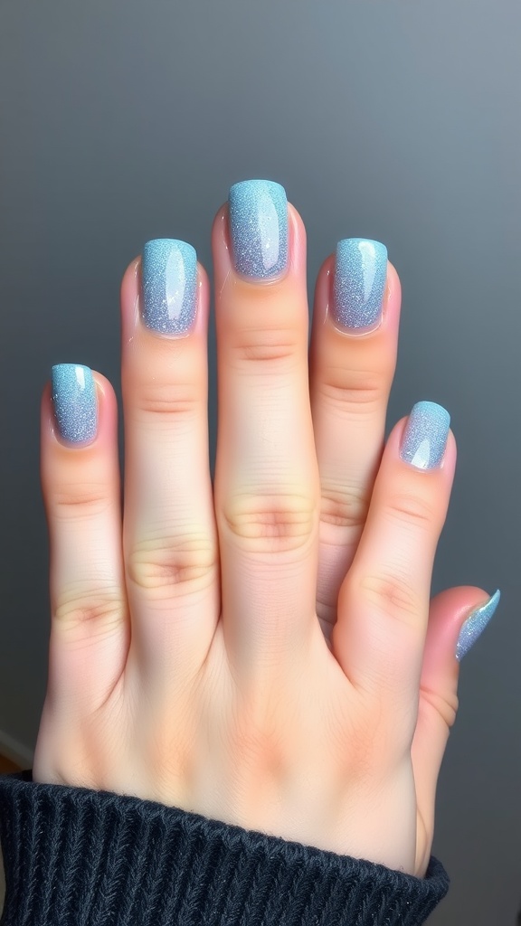 Set of light blue nails with a glitter gradient effect.
