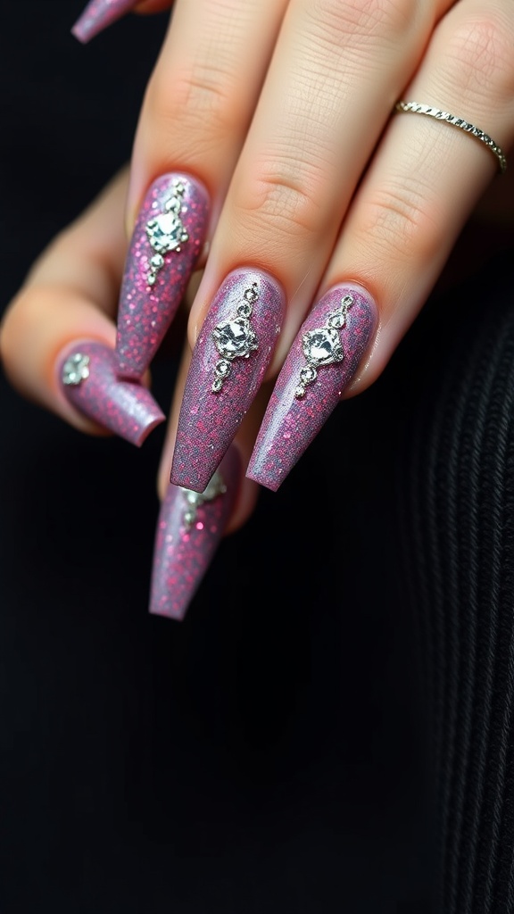 Medium coffin nails featuring a glitter gradient design in pink tones with rhinestone embellishments.