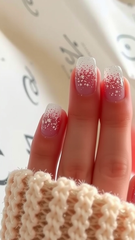 Close-up of glitter ombre almond nails with a soft pink base and white tips.