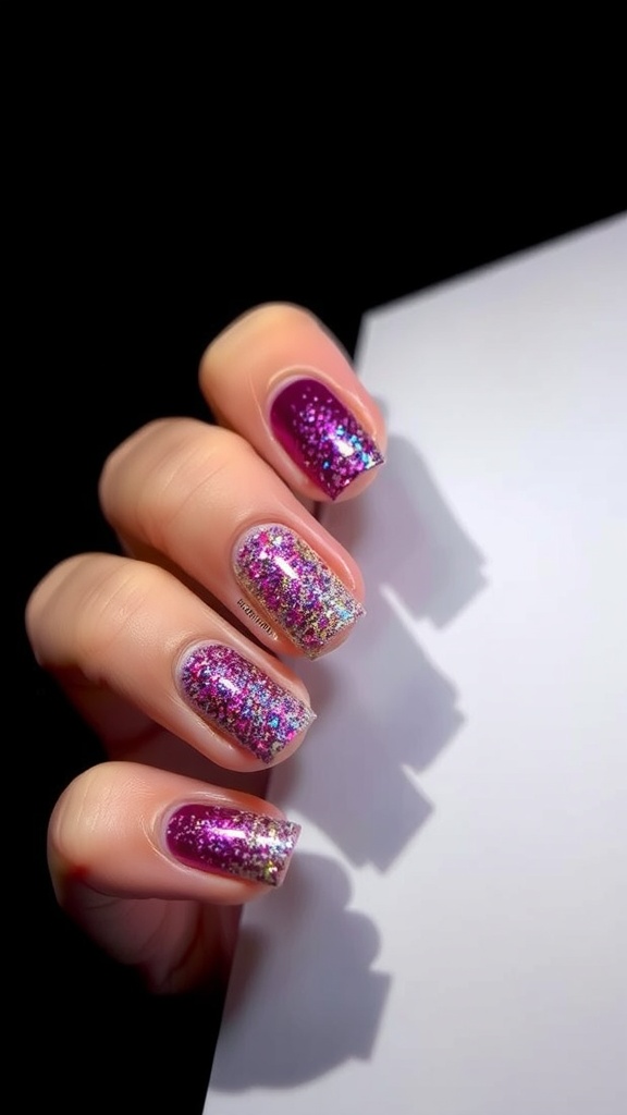 Nail design featuring a purple glitter ombre effect.
