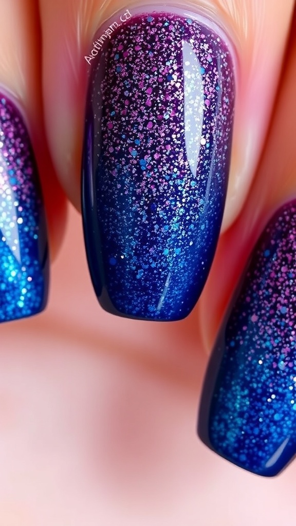 Nails with glitter ombre effect in purple and blue