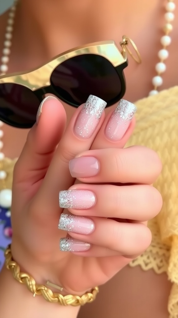 Close-up of short summer nails with a glitter ombre effect transitioning from pink to silver tips
