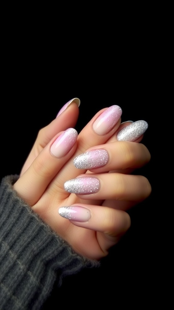 A close-up of glitter ombre pink almond nails with a cozy sweater