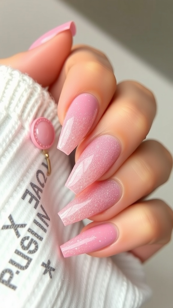 Glitter ombre nail design with a soft pink base and sparkling tips.
