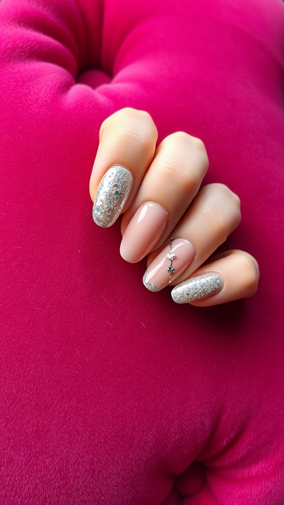 Close-up of nails with pink base and chrome glittered French tips