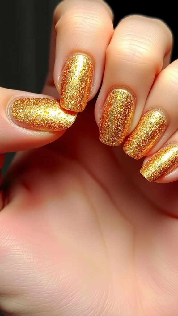 Close-up of hands with glittering gold ombre nails.