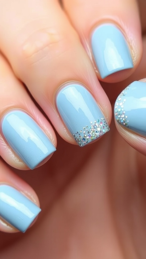 Close-up of light blue nail art featuring glittering tips.