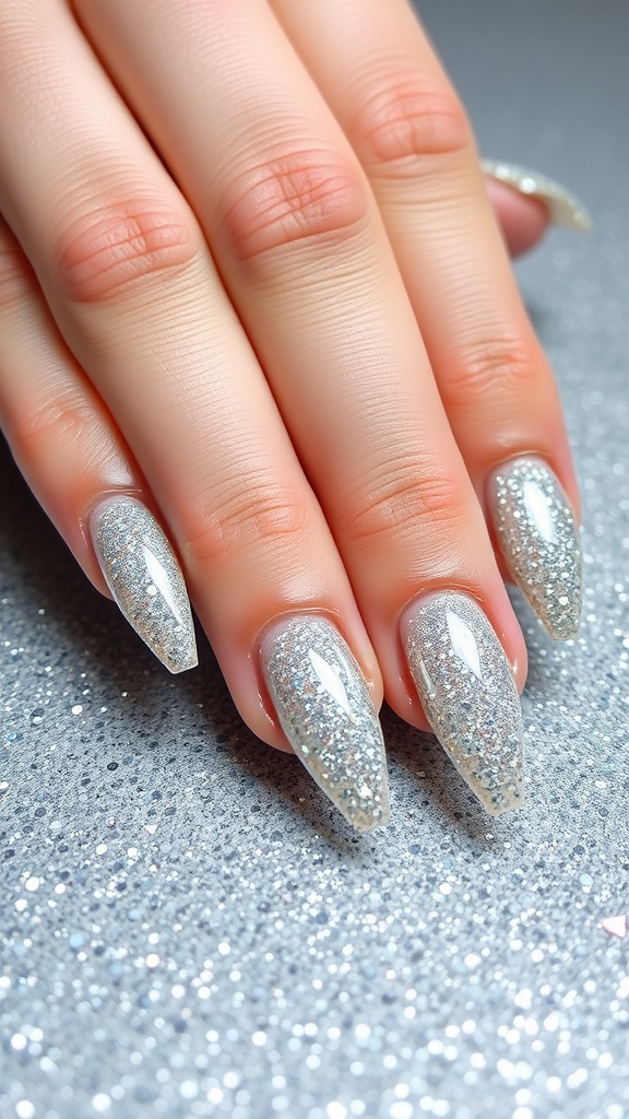 Close-up of hands with glittering silver coffin nails on a sparkling background.