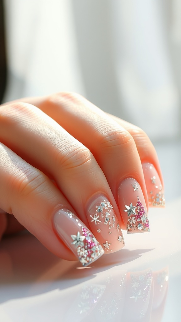 Nails with glittering accents and star motifs in silver and pink on a nude base.