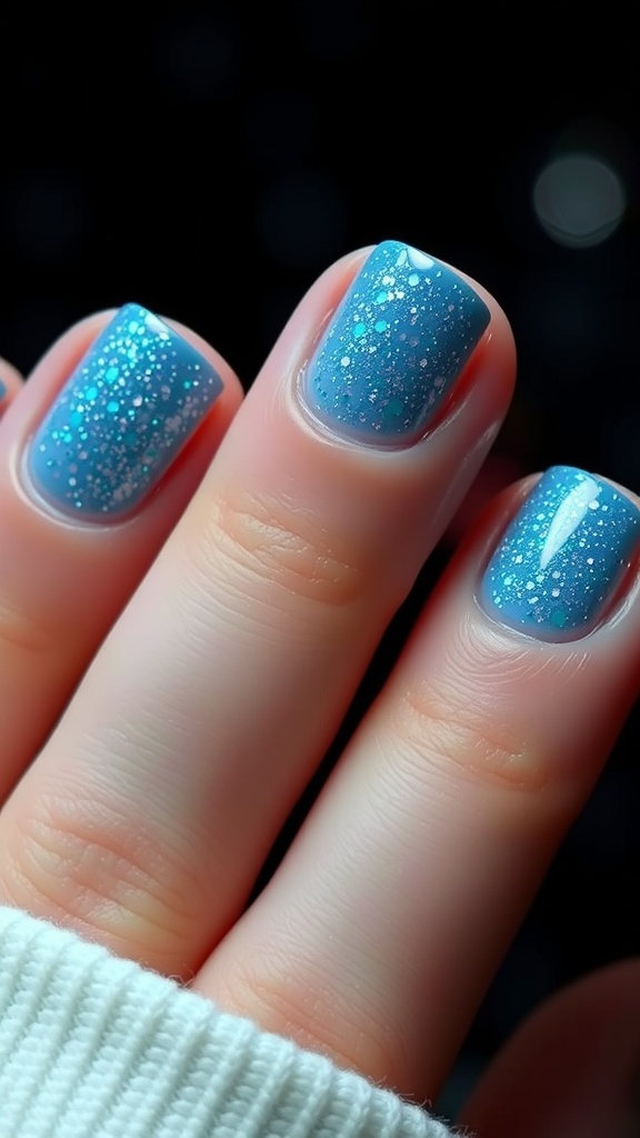 Light blue nails with glitter creating a starry night effect.