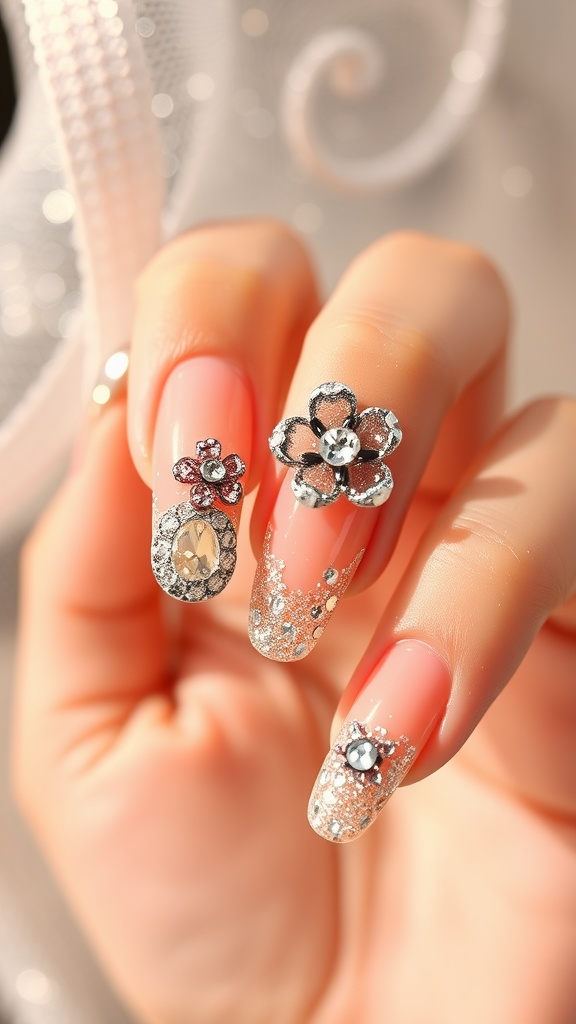 Close-up of almond nails with glittery tips and 3D flower designs.