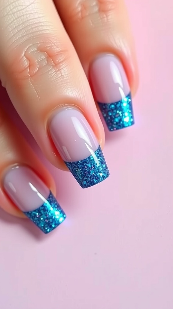 Close-up of nails with glittery blue French tips on a pink background.