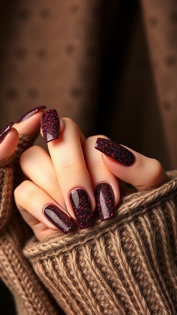 Close-up of hands with glittery burgundy coffin nails, resting in a knitted sweater.