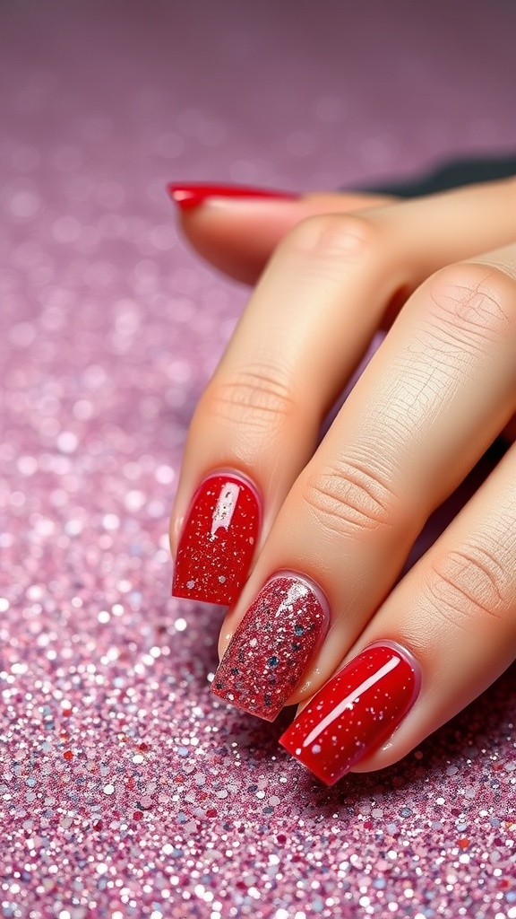 Close-up of glittery cherry nail design, featuring red nails with sparkling accents on a pink glitter background.