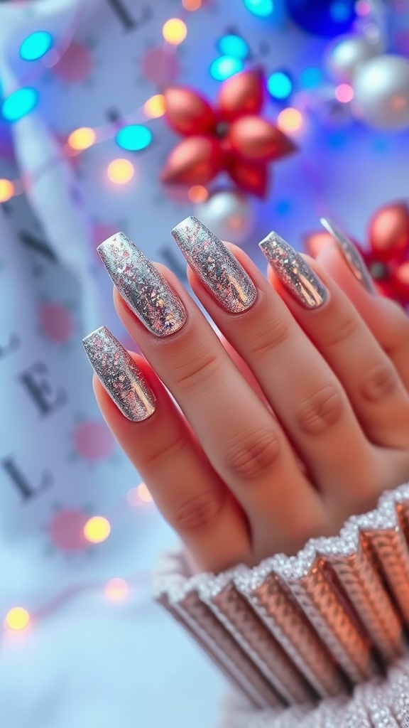 Image of beautifully manicured glittery chrome French nails with festive decorations in the background.