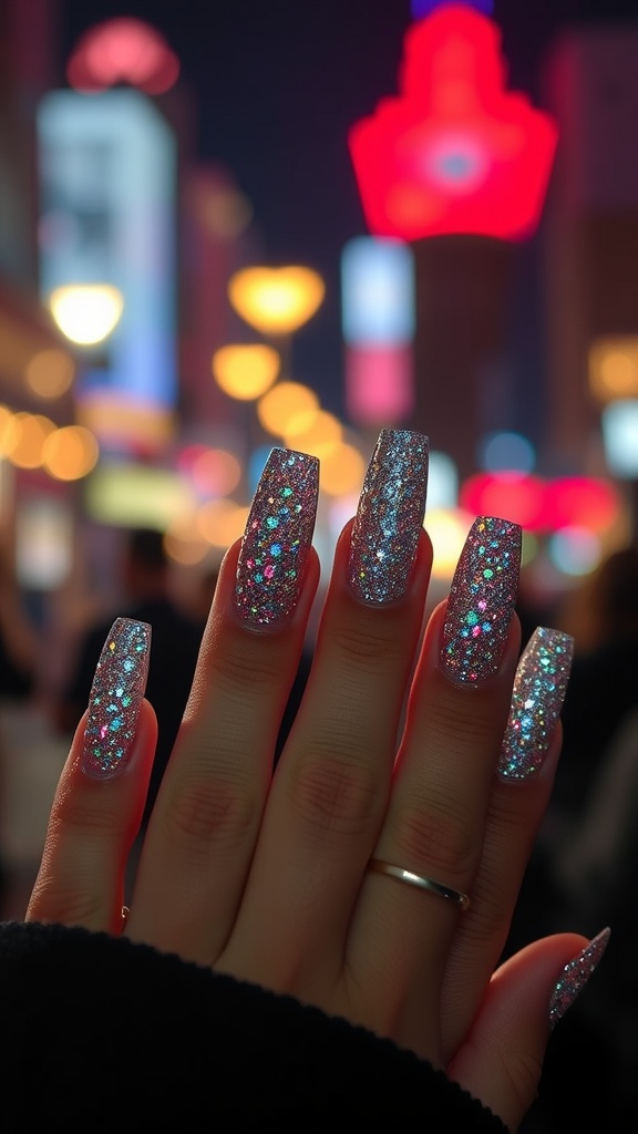 Close-up of glittery coffin nails against a colorful city night backdrop
