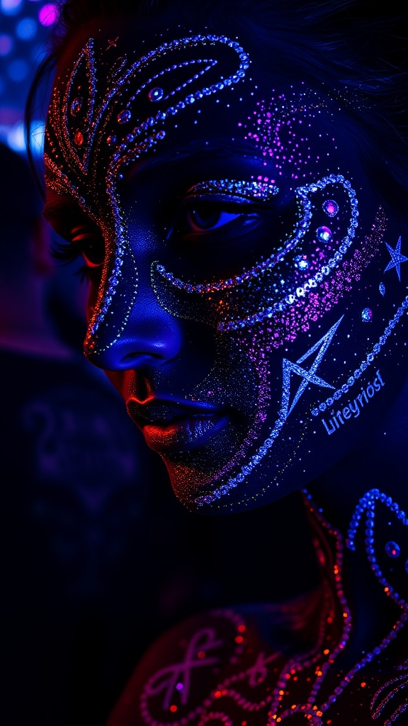 A close-up of a person's face featuring colorful glittery paint designs, showcasing intricate patterns and vibrant colors.