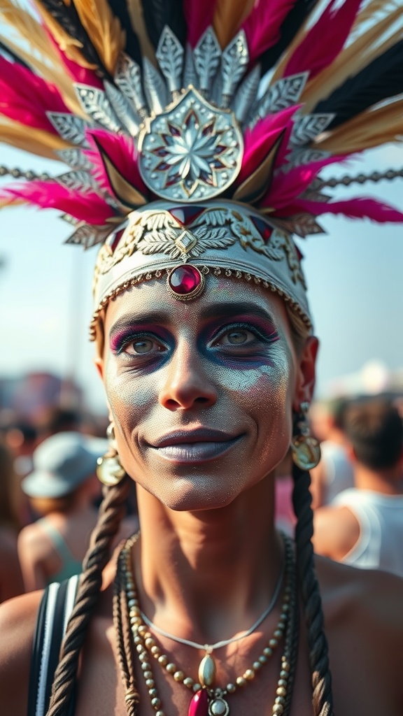 A person with glittery face paint and a colorful headpiece at a festival