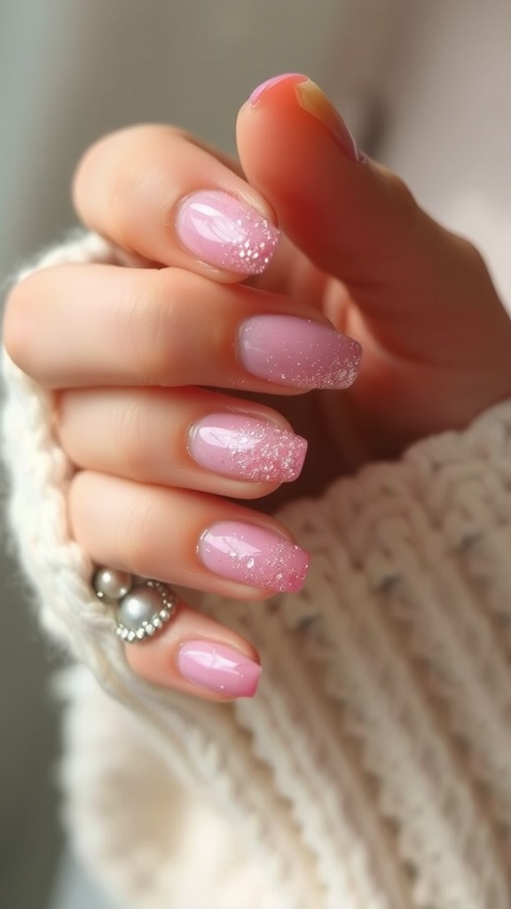 A hand with light pink chrome nails featuring a glittery finish, with some fingers having a gradient effect of sparkles.