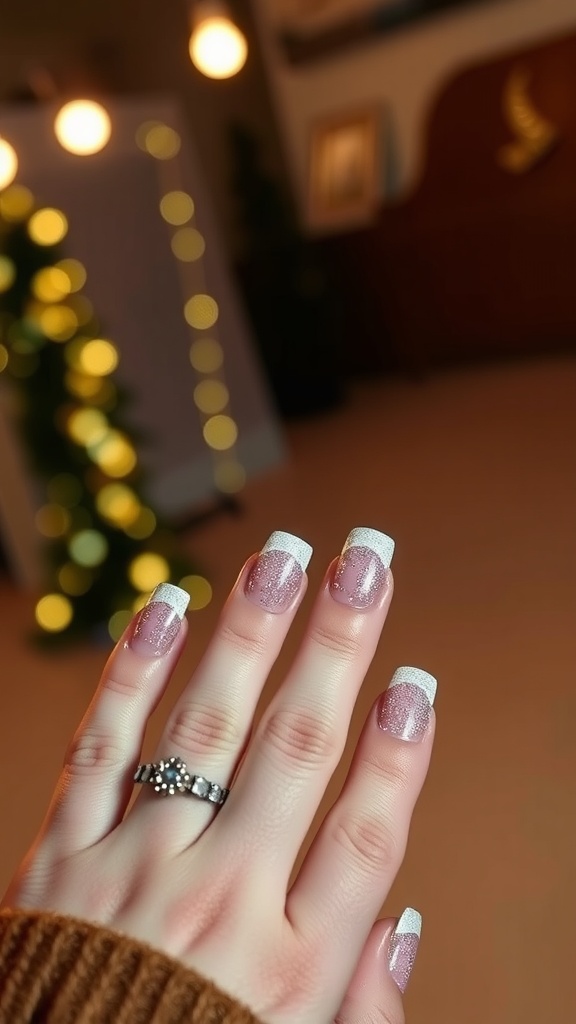 A hand with glittery French tip acrylic nails against a softly lit background