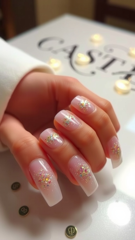 Short square French tip nails with glittery accents.