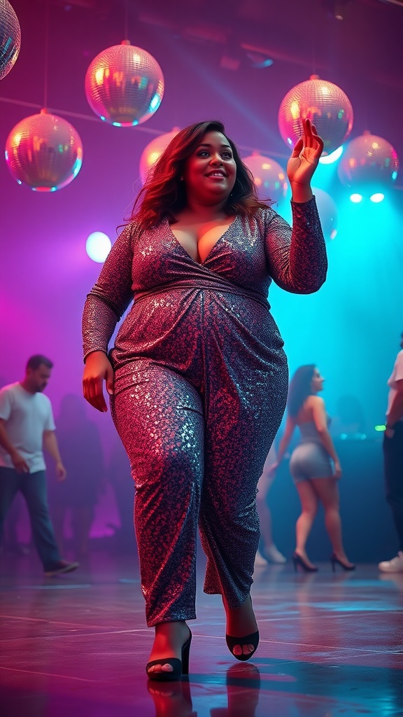 A confident individual in a glittery silver jumpsuit dancing at a rave.