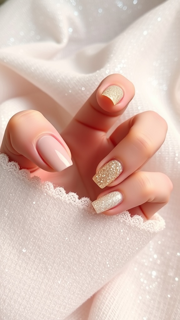 A hand displaying glittery nude accent nails with a soft, sparkly background.