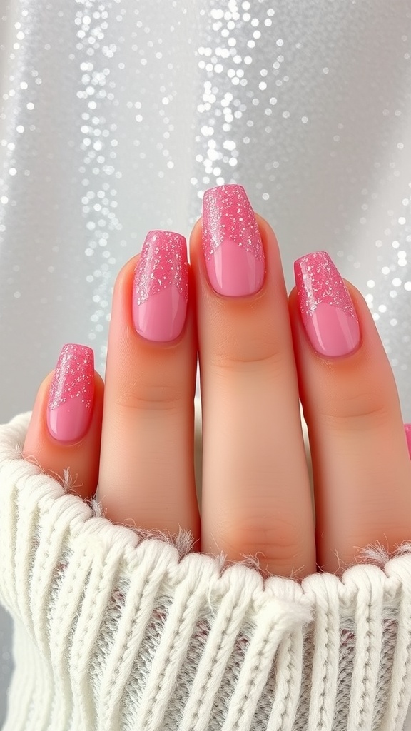 Close-up of pink almond nails with glittery tips
