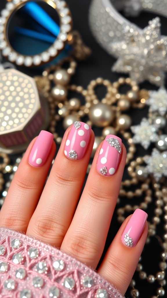 A hand with pink polka dot nails decorated with glitter, surrounded by jewelry and accessories.
