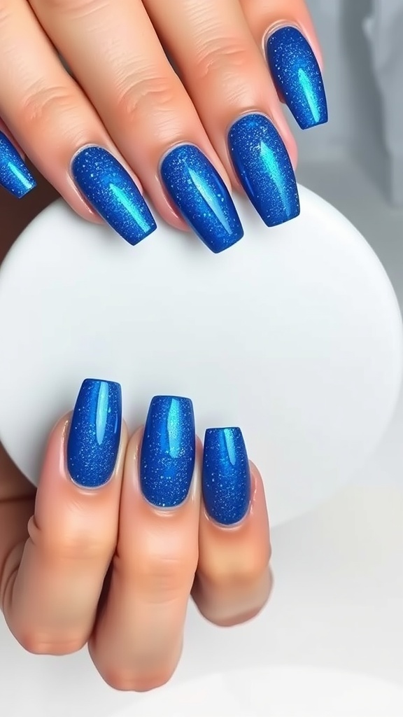 Close-up of hands showing glittery royal blue acrylic nails with a glossy finish.