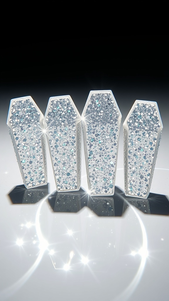 Four coffin-shaped nails covered in glittery silver sparkles, reflecting light.
