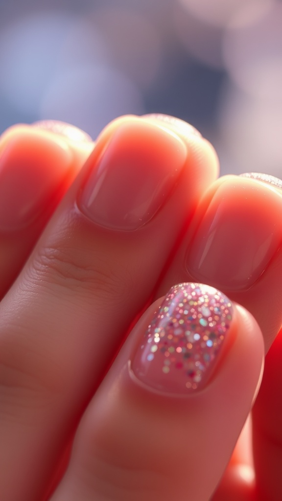 Close-up of short nails with glossy finish and glittery tips